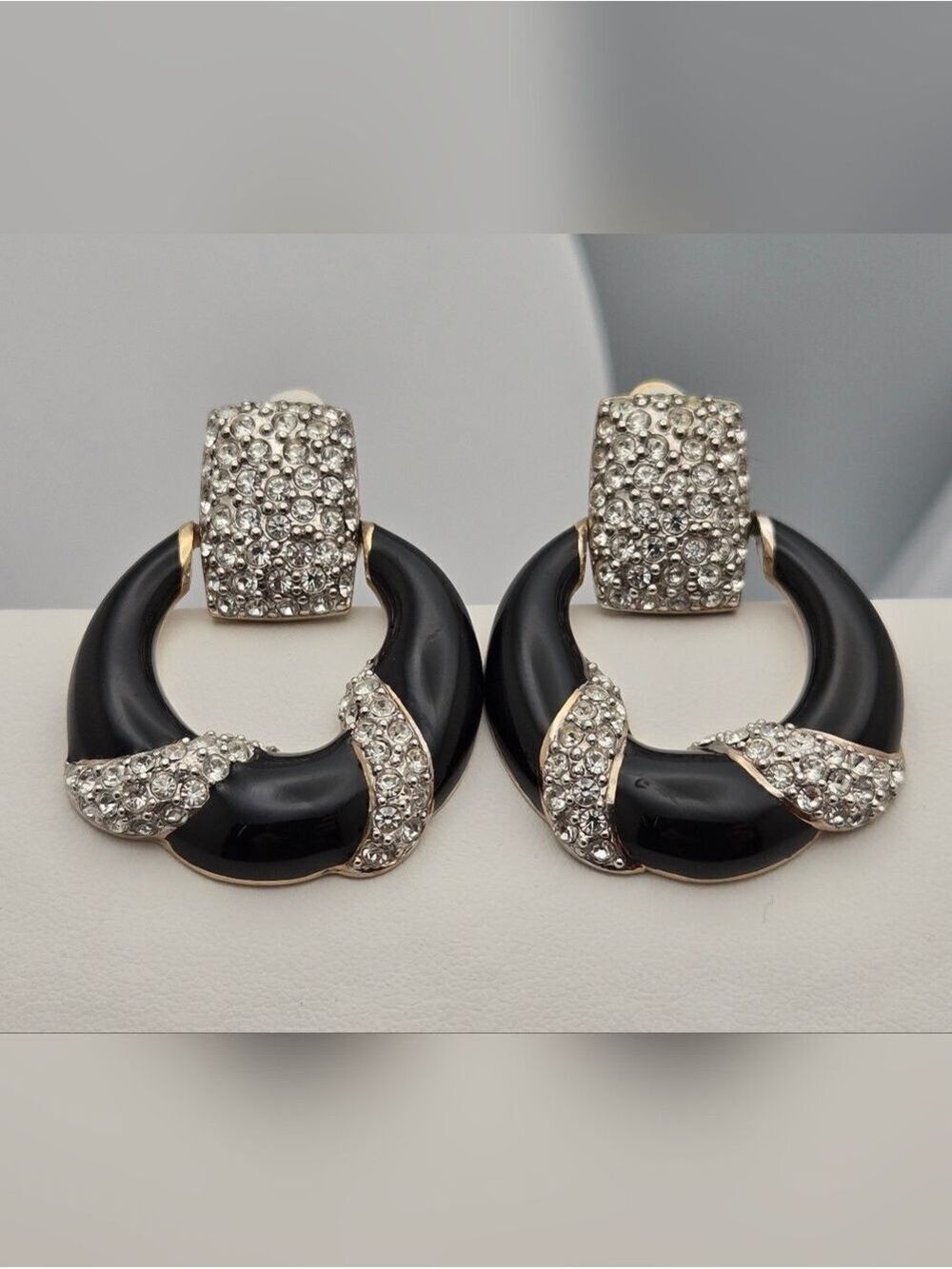 Statement Black Enamel & Pave Rhinestone Clip-On Earrings Bold Sparkly